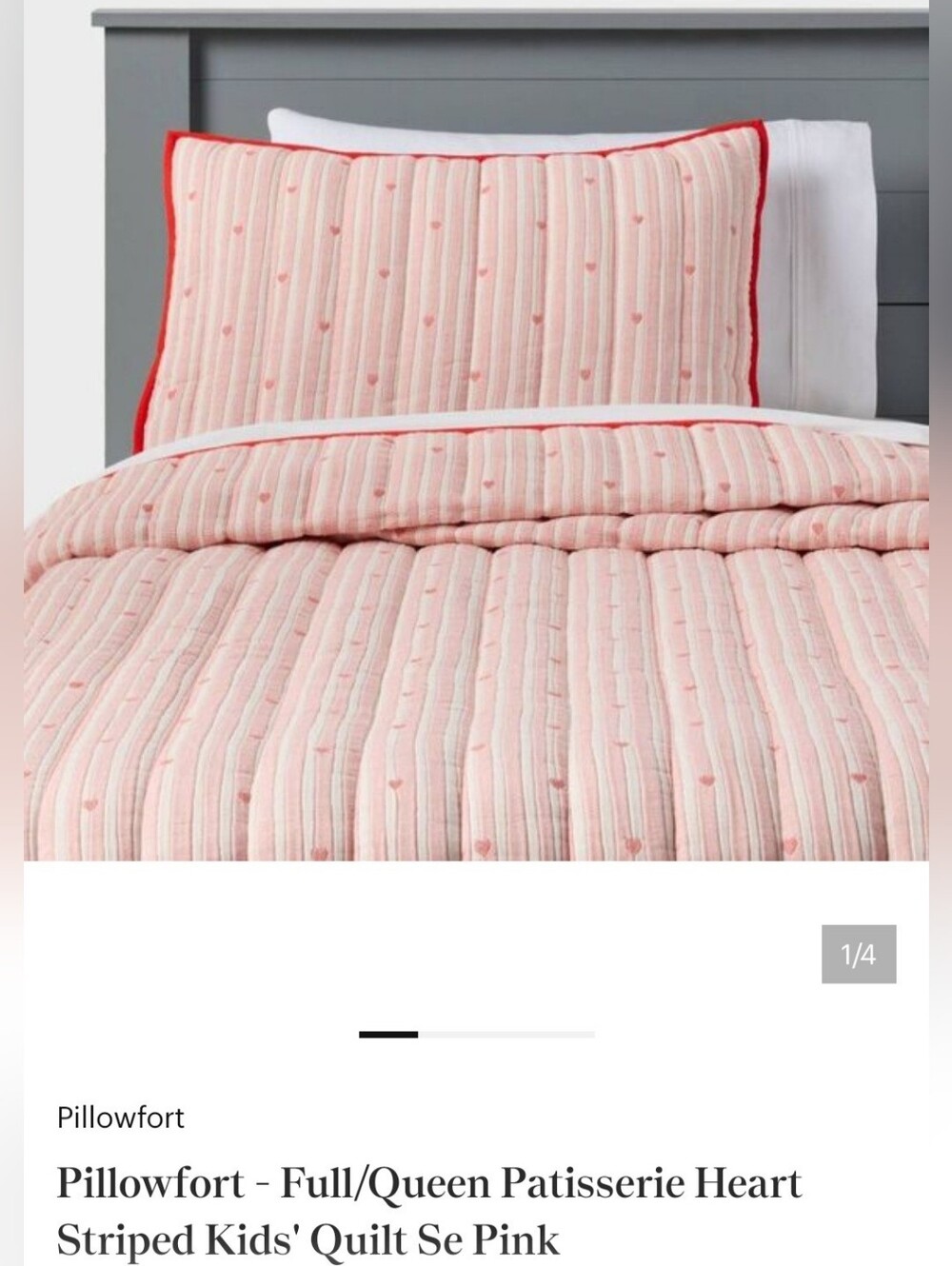 Pillowfort Pink Quilted Heart Stripe Bedspread with Red Trim